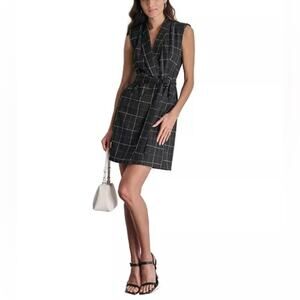 DKNY Women's Shawl-Collar Sleeveless Tie-Waist Dress Black White Plaid Sz 12